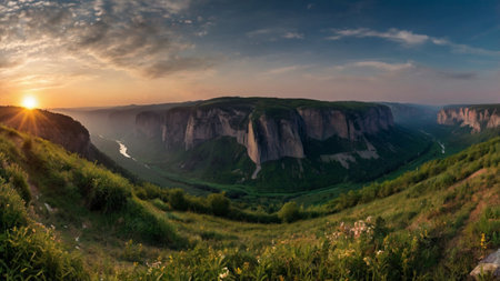 Panoramic view of the cliffs of the Danube river in Romaniaの写真素材
