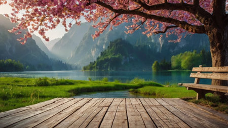 Wooden pier with cherry blossoms on lake and mountains in backgroundの写真素材