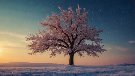 Beautiful cherry tree in winter landscape at sunset. 3d rendering