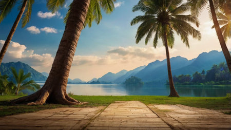 Tropical landscape with palm trees and blue lake at sunset.の写真素材