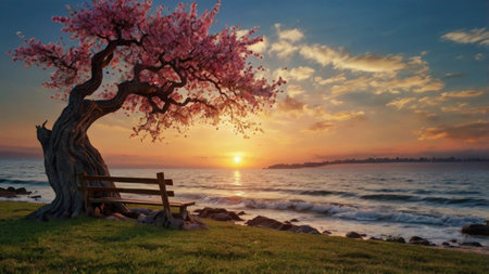 Beautiful sakura tree with bench at sunset over the sea.の写真素材