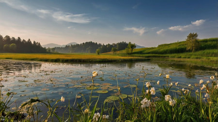 Landscape with lake and meadow in Bavaria, Germany.の写真素材