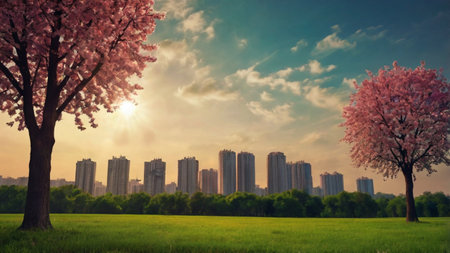 Cherry blossoms in city park with high-rise buildings in the backgroundの写真素材