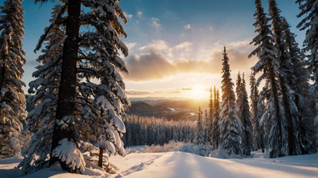 Beautiful winter landscape with snow covered fir trees in the mountains.の写真素材