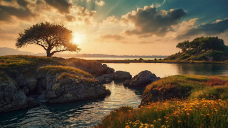 Beautiful seascape with a lonely tree in the foreground.の写真素材