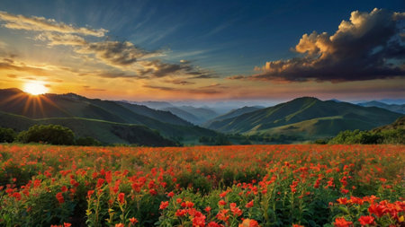 Sunset in the mountains with poppies in the foreground.の写真素材