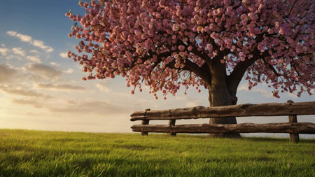 cherry blossom tree with wooden bench in a field at sunsetの写真素材