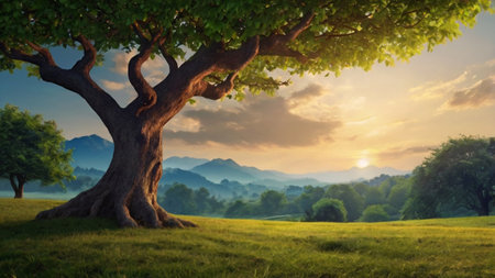 Sunset over the meadow with big tree. 3d renderの写真素材