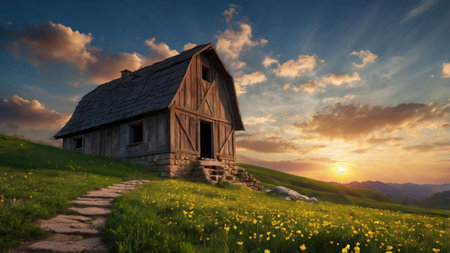 Old wooden house in a meadow at sunset. 3d renderの写真素材