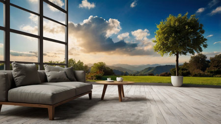 Luxury living room interior with a view of the mountains in the backgroundの写真素材