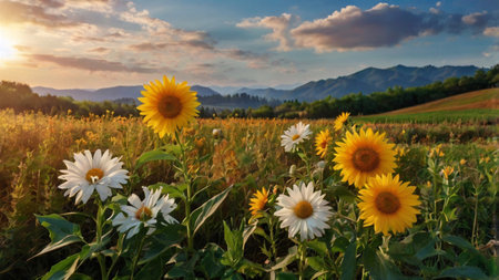 Sunflowers in the field at sunset with mountains in the backgroundの写真素材