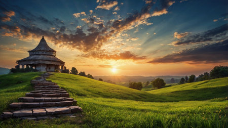 Majestic sunset over the meadow with a beautiful pagodaの写真素材