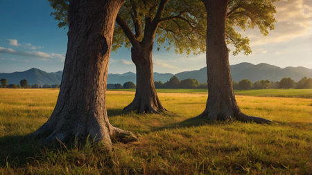 Beautiful landscape with big tree in the meadow at sunset.の写真素材