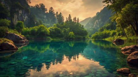 Beautiful mountain landscape with emerald water and reflection in the lake