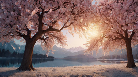 Beautiful spring landscape with blooming cherry trees. Sunrise over the lake.の写真素材