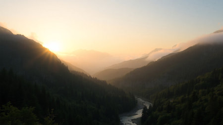 Sunrise over the river in the mountains. Caucasus, Russia.の写真素材