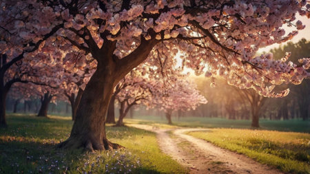 Cherry blossoms in the park at sunset. Spring landscape.