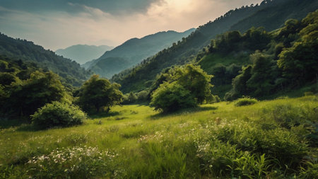 Beautiful summer landscape in the mountains. Green meadow in the mountains.の写真素材