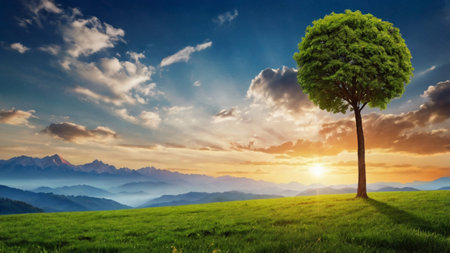 Beautiful landscape with green meadow and big tree at sunset.
