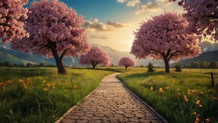Beautiful spring landscape with blooming trees and meadow at sunsetの写真素材