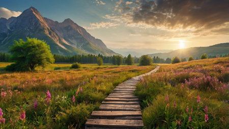 Wooden boardwalk on the meadow in the mountains at sunsetの写真素材