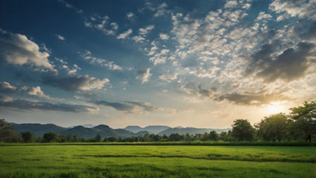Green rice field with mountain and blue sky background at sunset in Thailandの写真素材