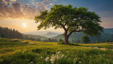 Tree in a meadow at sunset. Panoramic image.の写真素材