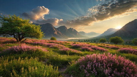 Beautiful summer landscape with blooming heather flowers. Sunset in the mountains.の写真素材