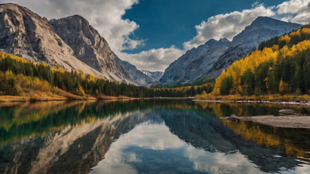 Autumn alpine lake with reflection of mountains and clouds in the waterの写真素材