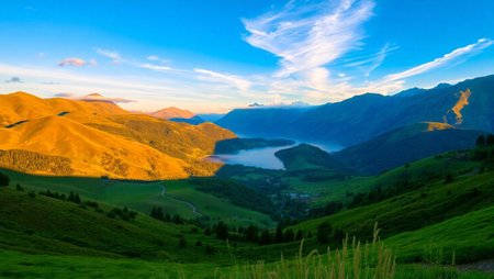 Mountain landscape with lake and blue sky at sunset. Switzerland.の写真素材