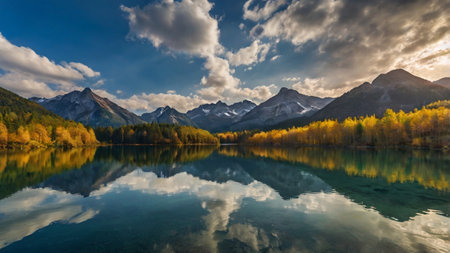 Mountain lake with reflection of mountains and clouds in autumn season.の写真素材