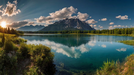 Panoramic view of the mountain lake in the Dolomitesの写真素材