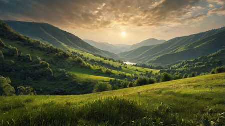 Mountain landscape with green grass and forest on the hillside at sunsetの写真素材