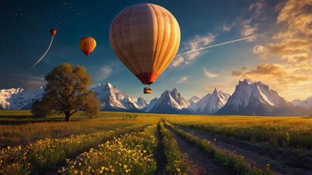Hot air balloons flying over meadow and mountains at sunset. 3D Renderingの写真素材