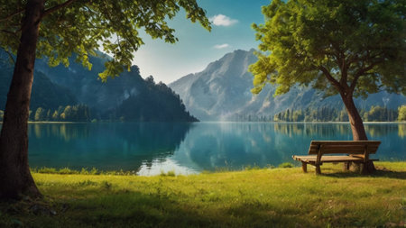 Beautiful summer landscape with a wooden bench on a lake shore.の写真素材