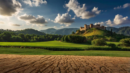 Panoramic view of medieval castle in Tuscany, Italyの写真素材