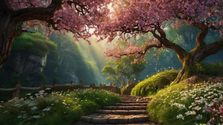 Spring landscape with blooming cherry trees and stairs. 3d renderの写真素材