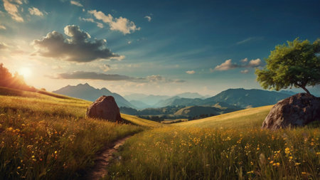 Meadow in the mountains at sunset. Beautiful summer landscape.の写真素材