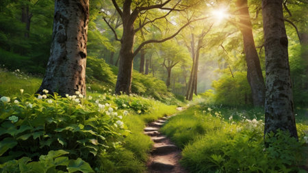 Path in the green forest at sunrise. Beautiful springtime landscape.の写真素材