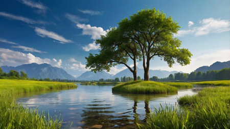 Green tree on the bank of the mountain lake. Summer landscape.の写真素材