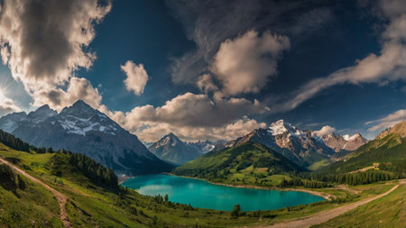 Panoramic view of the beautiful mountain lake in the Alps.の写真素材