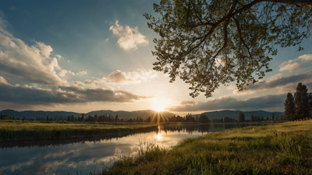 Sunset over the lake in Yellowstone National Park, Wyoming, USAの写真素材