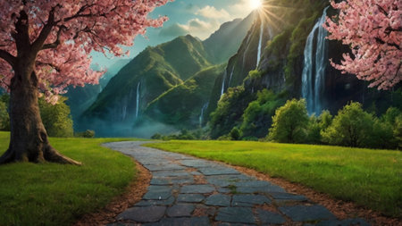 Beautiful spring landscape with blooming sakura flowers and waterfall.の写真素材