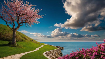 Beautiful spring landscape with blooming sakura tree on the coastの写真素材