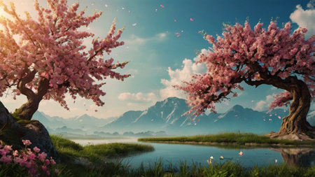 Beautiful spring landscape with cherry blossom tree and lake. 3d renderの写真素材