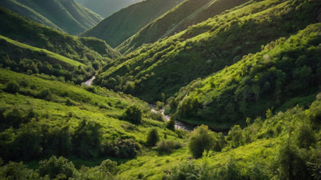 Mountain landscape in summer. Green hills and river in the morningの写真素材