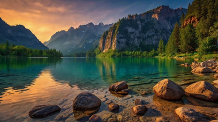 Panoramic view of the lake Lago di Braies, Dolomites, Italy