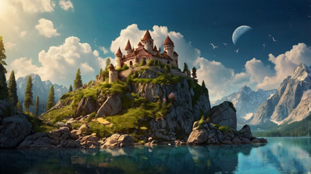 Fantasy landscape with medieval castle on the shore of lake. 3d renderingの写真素材