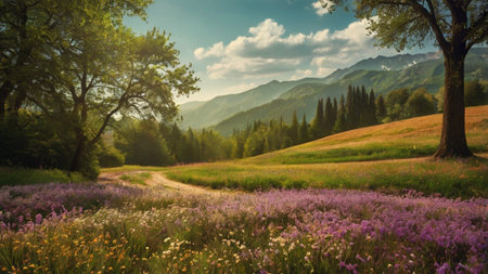 Meadow with wildflowers in the mountains. Summer landscapeの写真素材