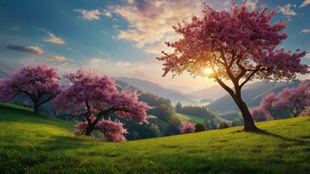 Beautiful spring landscape with blooming cherry trees in the mountains at sunset